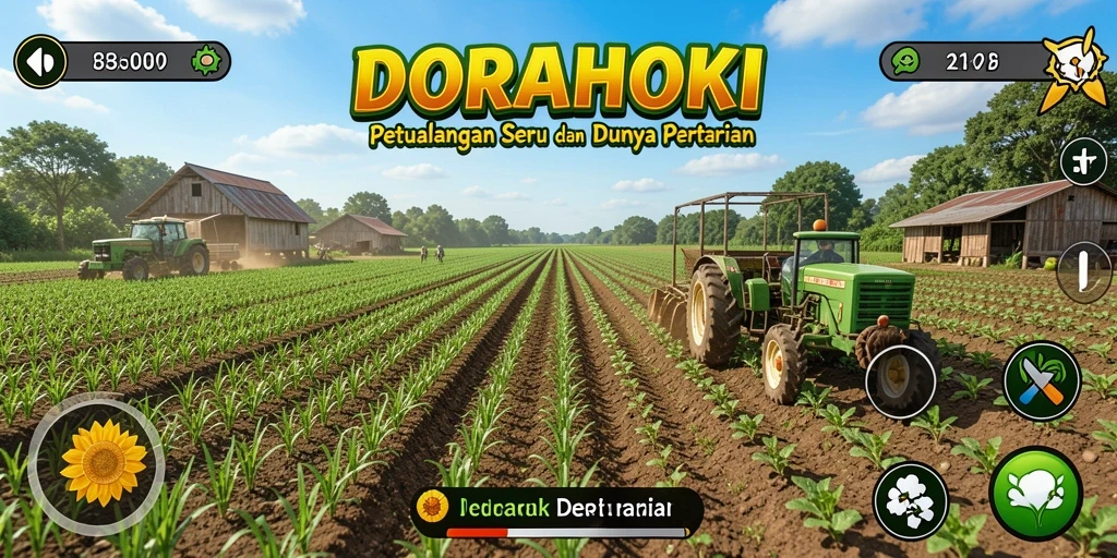 Tampilan gameplay DORAHOKI dengan suasana pertanian yang indah.