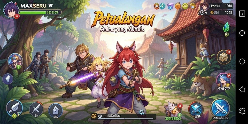 Screenshot gameplay MAXSERU yang menampilkan aksi pertarungan anime.