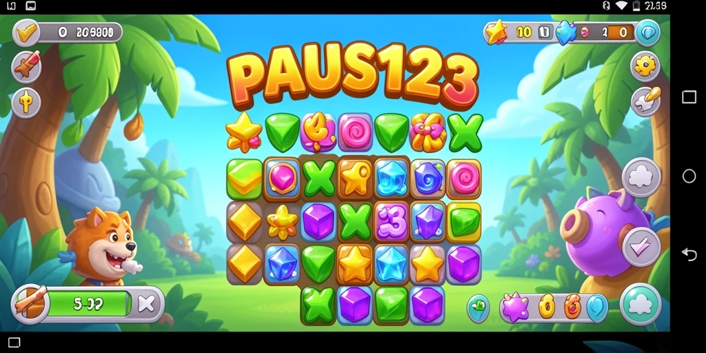 Screenshot menunjukkan gameplay seru PAUS123 dengan kombinasi permata berwarna.