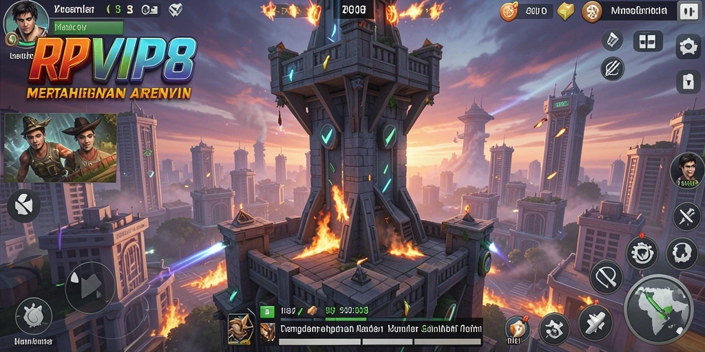 Tampilan gameplay RPVIP8 dengan menara dan serangan musuh.